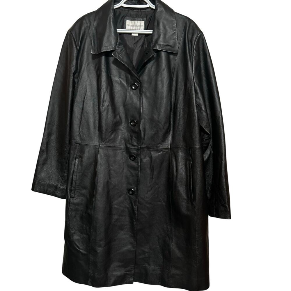Worthington Women's Black Long Leather Jacket Button‎ Front Side Pockets Size 2X